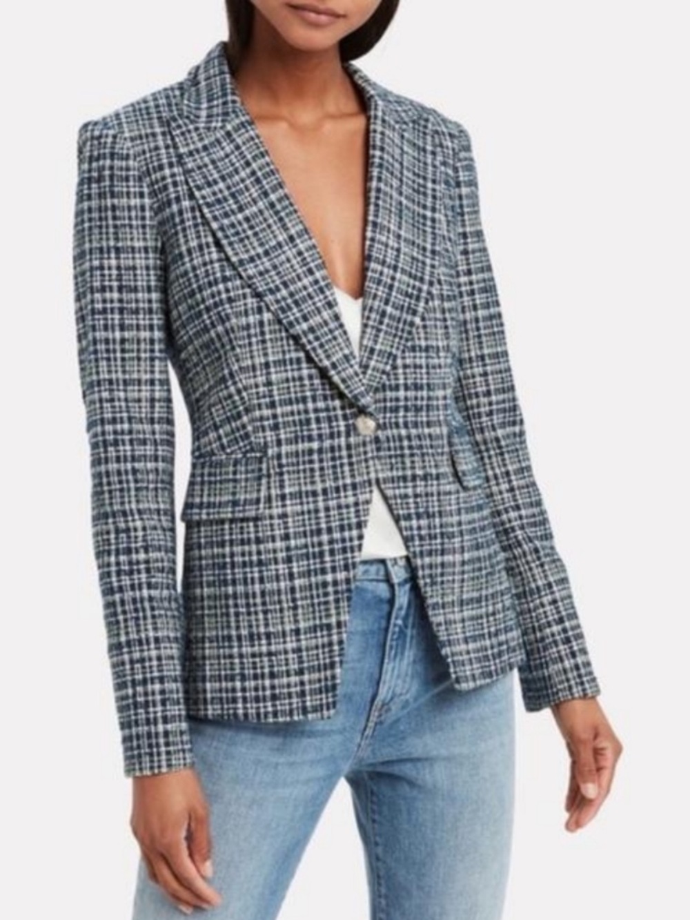 Veronica Beard Navy, Green & White Plaid Dickey Jacket with Silver  Buttons